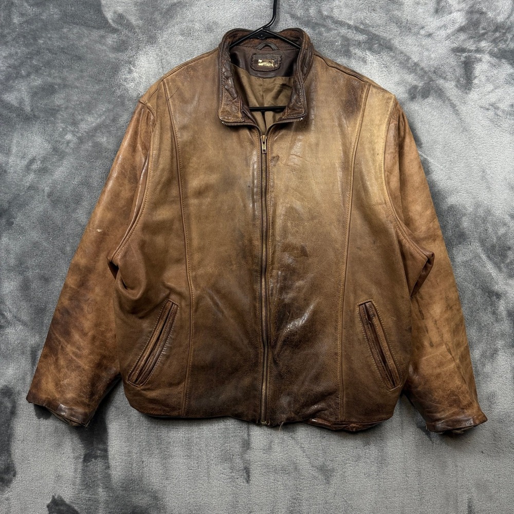 Lord & Taylor Leather Jacket Mens XL Brown Distressed Vintage Bomber Full Zip